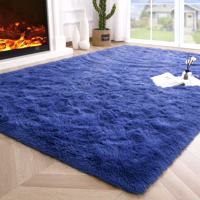 Noahas Fluffy Bedroom Rug Plush Fuzzy Rugs for Kids Room Living Room, Soft Shaggy Nursery Rug Furry Floor Carpet Modern Indoor Bedroom Decor Cute Boys Girls Room Rug, 4x5.3 Feet, Light Navy - Image 1